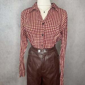 Vintage Retro Red Polka Dot Button Up Stretchy Blouse Size Large